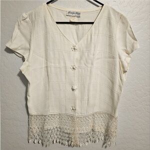 Vintage Just for Wraps Cream Short Sleeve Blouse with Fringe Women’s L